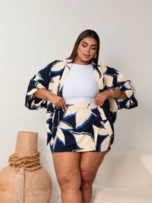 Plus Size 2-Piece Shorts And Kimono Set - Black and White - View 1