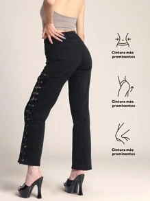 Pantalones de mezclilla estilo moderno, rectos y perneras sueltas, cordones especiales, Pantalones mezclilla rectos, perneras holgadas, cordones laterales - Negro - Ver 4