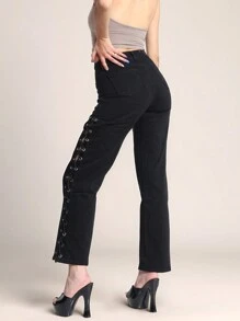 Pantalones de mezclilla estilo moderno, rectos y perneras sueltas, cordones especiales, Pantalones mezclilla rectos, perneras holgadas, cordones laterales - Negro - Ver 2