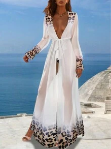 Leopard Print Kimono Women Spring Summer Vacation Beach Outfits Sheer Belt Gradient Cover Up