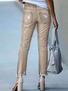Women's Retro High Waisted Elastic Ripped Jeans, Five Pocket Design, Casual Denim Cropped Pants - Khaki - View 3