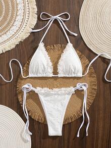 全新柔软蕾丝装饰吊带系带沙滩裙性感优雅派对比基尼套装，夏季时尚女士比基尼