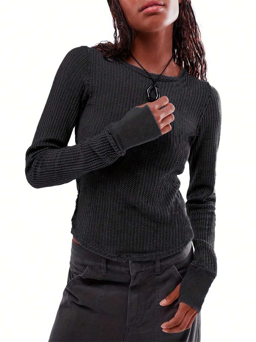 Women's Solid Color Knit Tops Long Sleeve Round Neck Raw Hem T-Shirts Blouses Fall Sweaters