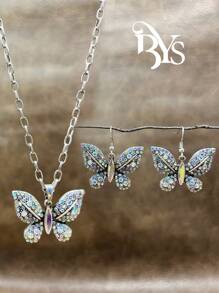 1 Set Vintage Western/Country Style Beaded CCB/Chain/Butterfly Pendant Necklace & Butterfly Drop Earrings, Suitable For Women/Girls To Accessorize Casual Outfits, Parties, Jewelry Gift For Family/Friends/Yourself