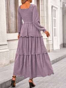 Valentine's Day  Women's Long-Sleeved Floor-Length Dress Casual Square Collar Layered Pleats Flowy Pocket Wedding Guest Dress - Grayish purple - View 6