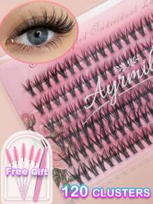 120 กระจุก ขนาด 10-12 มม. เลือกผสม 6 แถว, Eyelash ปลอมแฝดขนาดใหญ่รูปตัว C ขนอีเชสเซนเชียล สำหรับกรเดี่ยว เหมือนจริง - สีดำ - ดู 1