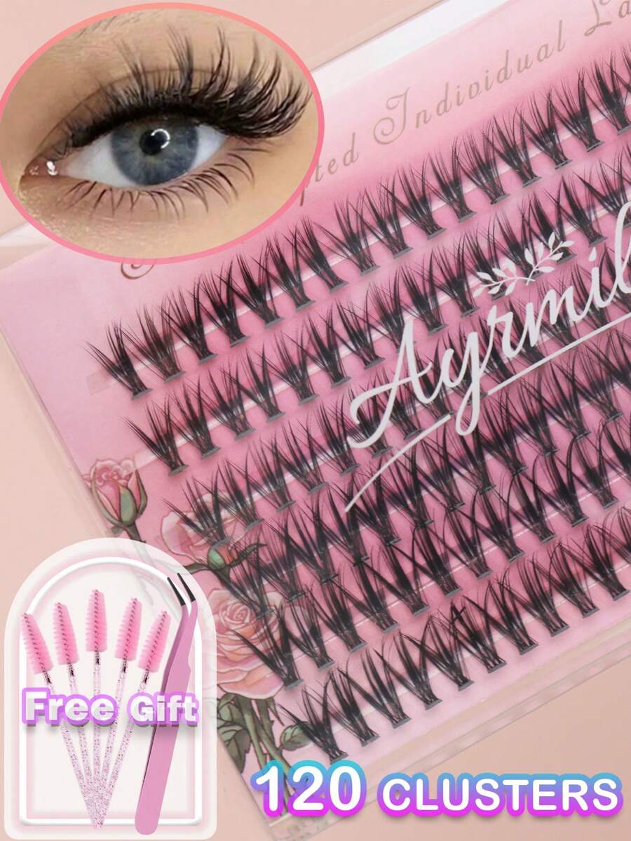 120 กระจุก ขนาด 10-12 มม. เลือกผสม 6 แถว, Eyelash ปลอมแฝดขนาดใหญ่รูปตัว C ขนอีเชสเซนเชียล สำหรับกรเดี่ยว เหมือนจริง - สีดำ - ดู 1