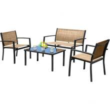 4 Pieces Patio Furniture Set Outdoor Garden Patio Conversation Sets Poolside Lawn Chairs With Glass Coffee Table Porch Furniture (Yellow)