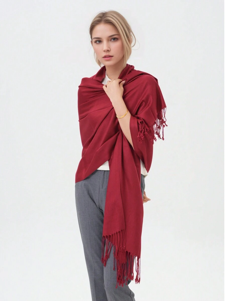 High-Quality Classic Solid Pashmina Scarf – Perfect For Weddings And Special Events - Jujuba Red - View 1
