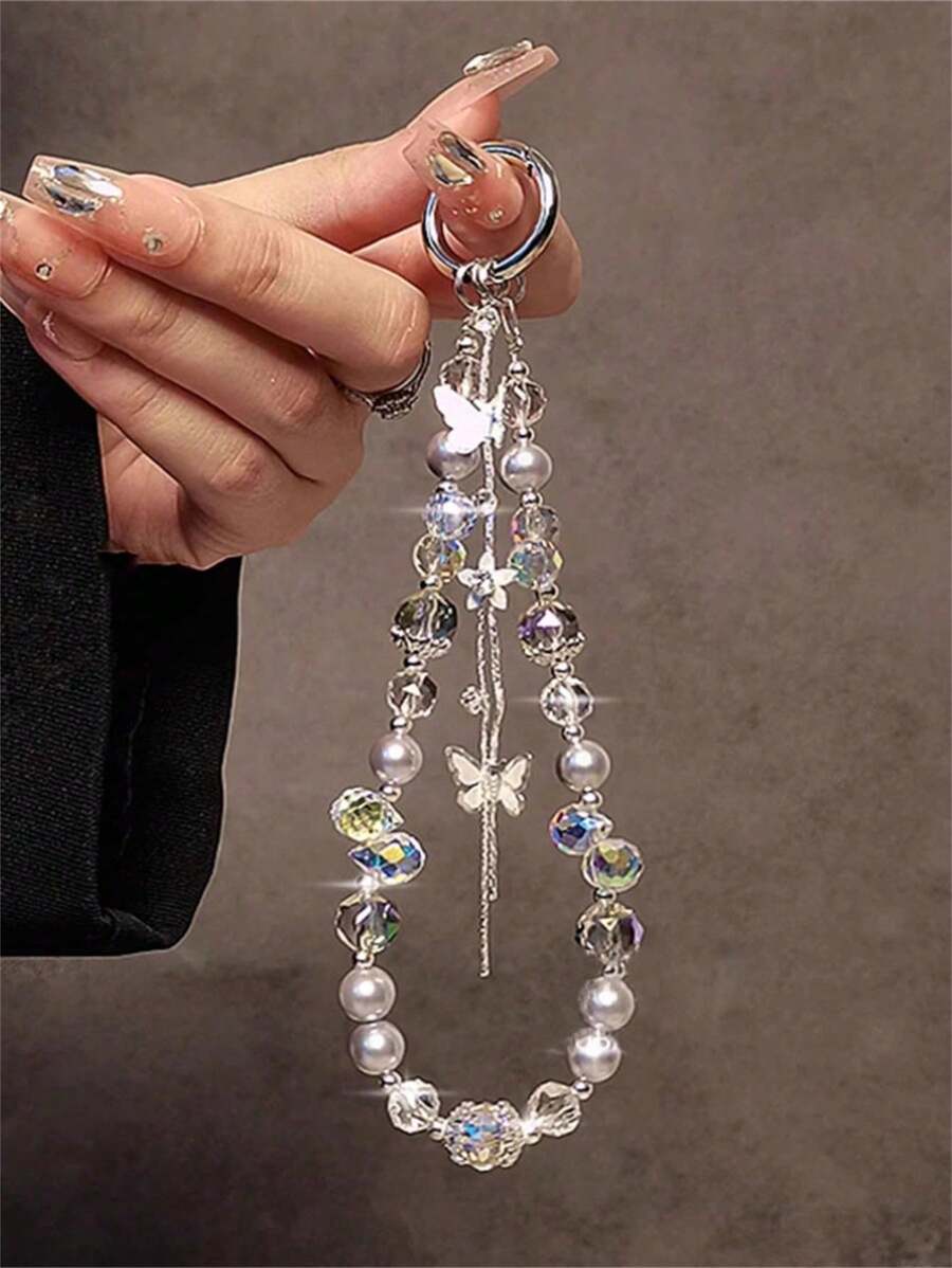 Luxury Sparkle Butterfly Rhinestone Bead Phone Bracelet Strap Charm Chain Knot Cellphone Lanyard Keychain Bag Camera Keychain Pendant - Butterfly Beads - View 1
