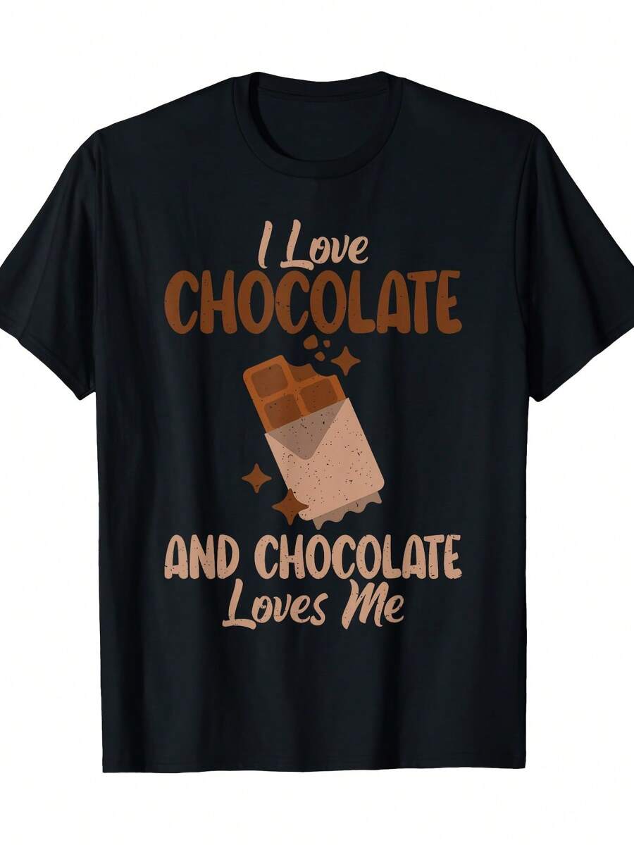 Medium Elasticity| Chocolate Lover's Delight: 100% Cotton T-Shirt With 'I Love Chocolate And Chocolate Loves Me' Graphic - Casual, Comfortable Crew Neck In Black | Ideal For Casual Attire & Special Occasions