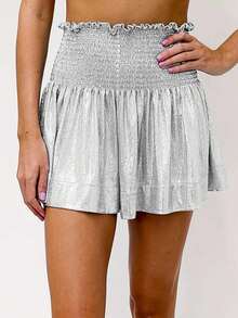 大码女式休闲褶皱高腰阔腿亮片短裤