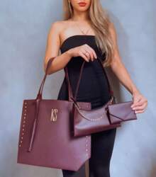 KS Karla Samenho cosmetics and accessories Large Spacious Versatile Tote Bag + Small Elegant Shoulder Strap Bag + Small Magnetic Closure Wallet - 酒紅色 - 查看 2