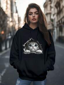 Women's Fashion Cute Style Cat Paper Holes Print Hoodies Long Sleeve Hood Sweatshirt Loose Fit Tops Fall Streetwear - Black - View 1