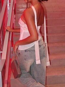 Women's New Strapless Satin Cropped Top Paired With Scarf, Summer Short Sleeve Blouse - Champagne - View 5