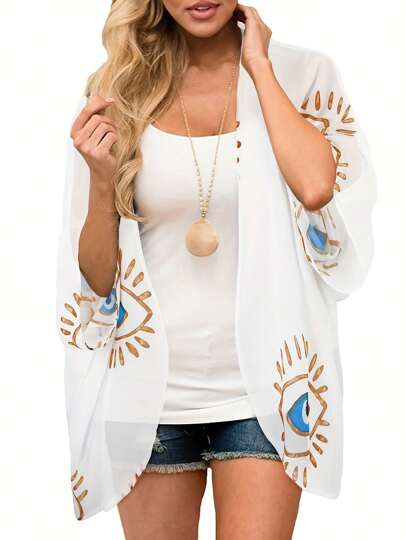 大码眼纹和服罩衫春夏休闲假日服装女式上衣白色