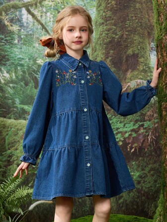 ASK JUNIOR Tween Girl Floral Embroidered Long Sleeve Single-Breasted Casual Denim Shirt Dress