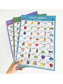 6pcs A3 Educational Visual Words And Word Family Posters, Frameless Classroom Learning Posters, 220 Visual Words And 160 Word Families Collection, Suitable For Kindergarten, Preschool, Home Education, Playroom Decor - Multicolor - View 2