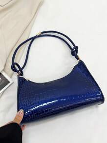 Women's Fashion Navy Blue Crocodile Embossed Baguette Shoulder Bag