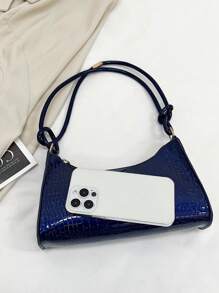 Women's Fashion Navy Blue Crocodile Embossed Baguette Shoulder Bag