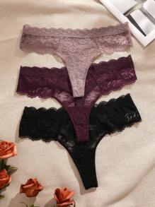 3pcs/Pack Women's Lace Breathable Low Waist Sexy Thong Panties - Multicolor - View 5