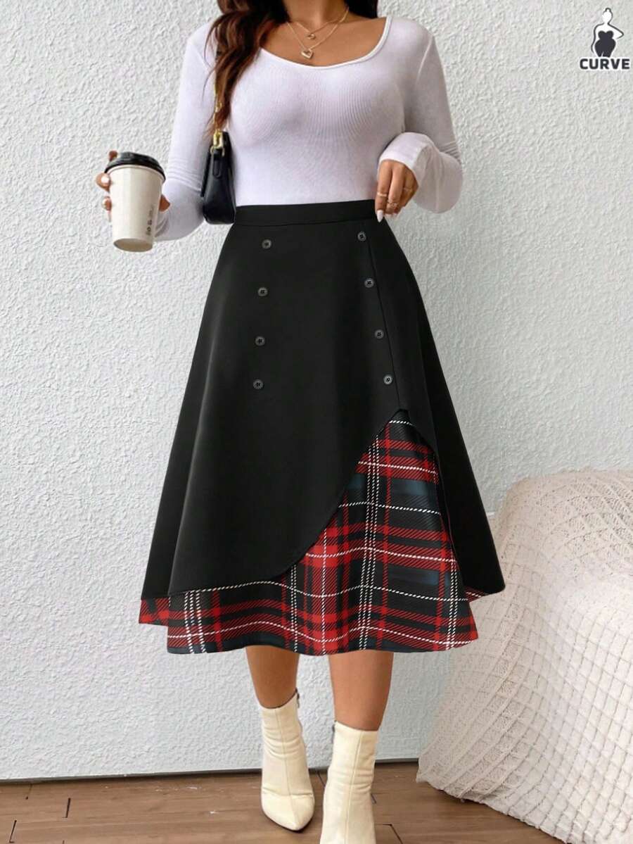 Large Casual Style Elegant Solid Color Grid Splicing Double Breasted Mid Waist A-Line Hem Swing Skirt - Multicolor - View 1