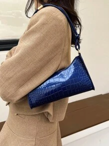 Women's Fashion Navy Blue Crocodile Embossed Baguette Shoulder Bag