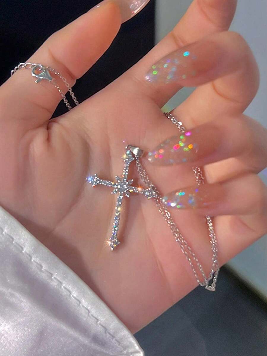 1pc Fully Rhinestone Starry Cross Necklace, Elegant & Chic Sparkling Pendant Necklace - Silver - View 1