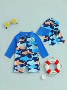 Bañador con protección solar para niños y niñas pequeños(as) con estampado de margaritas/tiburones, manga larga y gorra de natación - Azul - Ver 4