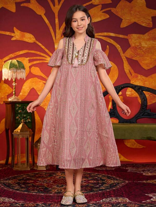 Mädchen Tüll mit bestickten Pailletten, Patchwork Langes Kleid, Mode Dubai Stil Lange Robe Kleid, Langarm, Eleganter Urlaub