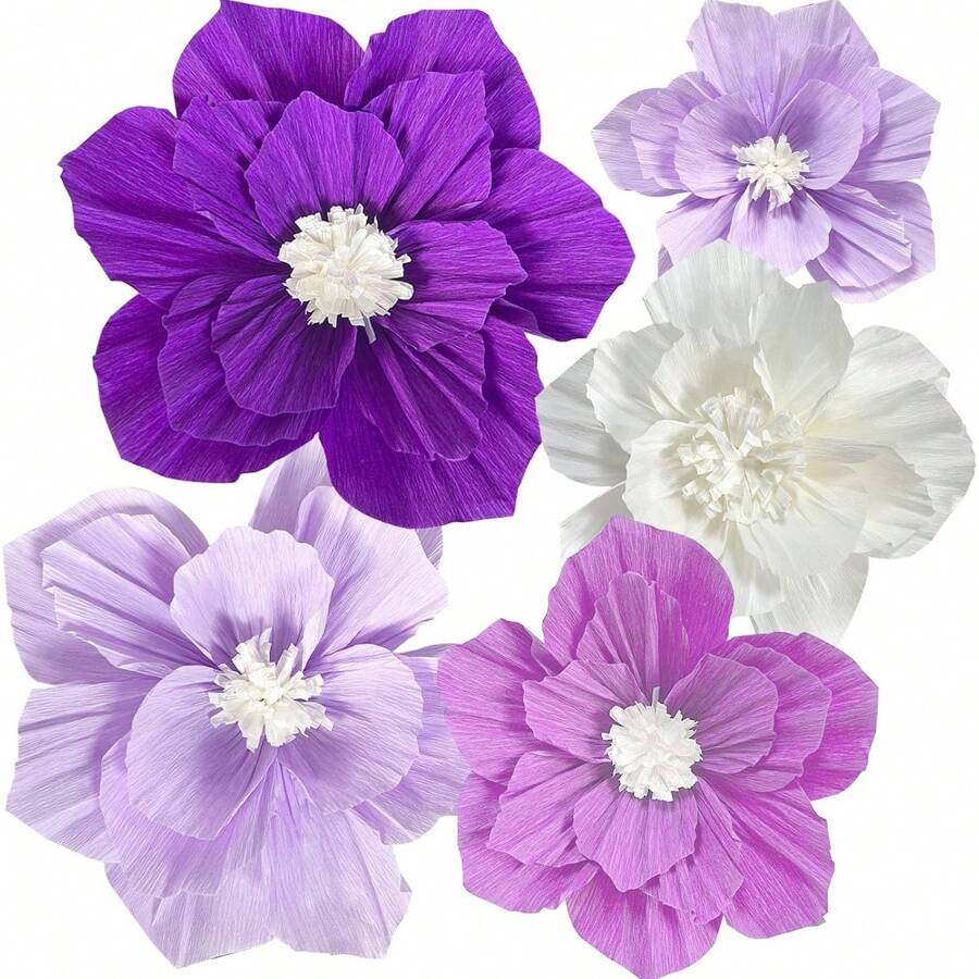 5pcs 12" & 10" Paper Flowers 3D Wall Decor For Weddings, Birthdays, Bridal Shower, Photo Booth, Wedding Arches - Purple+White - View 1