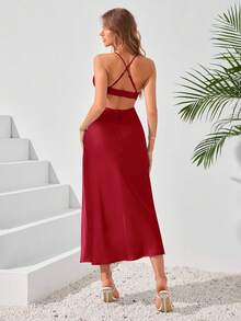 1 件女士纯色简约日常装细肩带露背连衣裙、派对礼服、婚礼宾客鸡尾酒会礼服 - 紅色 - 查看 6