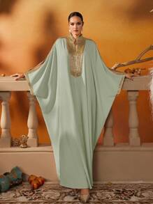 AmazingHoney Elegant Light Green Abaya With Gold Beads Embellished Trim, Luxurious Long Modest Dress For Women, Arabic Dresses (Oversized Fit– Please Check Size Chart), Kaftan - Light Green - View 4