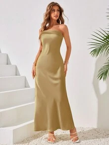 Váy ống đơn giản màu trơn cho nữ, váy dự tiệc, váy dự tiệc cưới - Màu nâu  Mocha - Xem 2