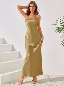 Váy ống đơn giản màu trơn cho nữ, váy dự tiệc, váy dự tiệc cưới - Màu nâu  Mocha - Xem 1