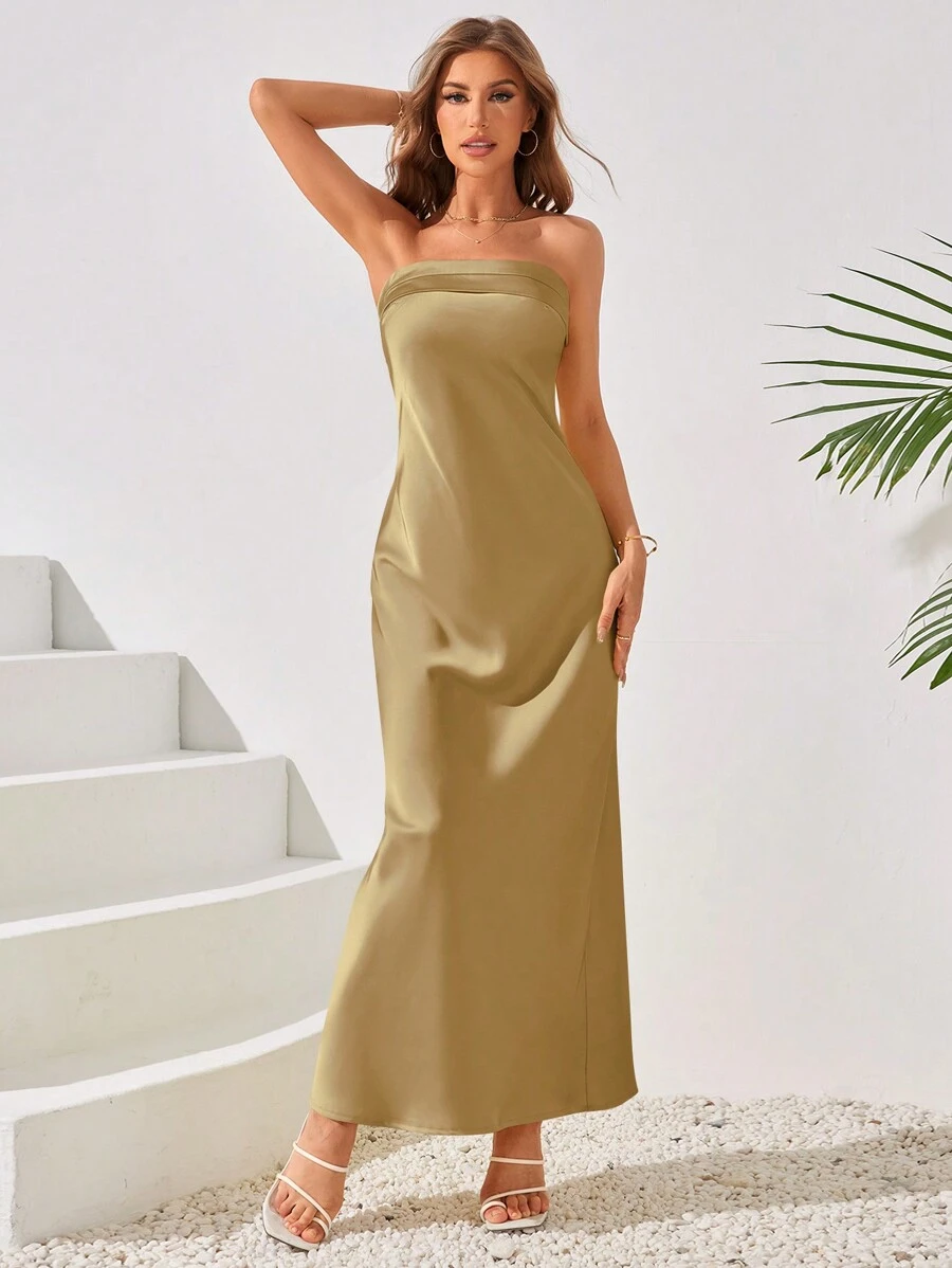 Váy ống đơn giản màu trơn cho nữ, váy dự tiệc, váy dự tiệc cưới - Màu nâu  Mocha - Xem 1