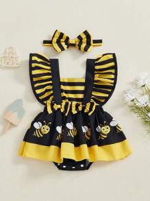 Monos de verano para niñas con estampado de abeja, mariquita, vaca y elefante, con dobladillo y mangas abullonadas y diadema - Amarillo - Ver 1