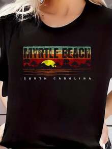 Vintage Myrtle Beach South Carolina T Shirts T-Shirt Print Women Short Sleeve Round Neck 100% Cotton T-Shirt - Black - View 1