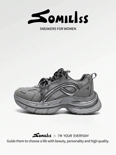 somiliss 女士5厘米厚底系带休闲运动鞋，透气网布面料，时尚个性，适合户外行走，四季皆宜。