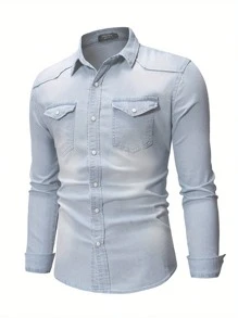 Men's Spring Autumn Casual Shirts Solid Color Long Sleeve Lapel Denim Tops Button Shirts For Party - 淺藍色 - 查看 3