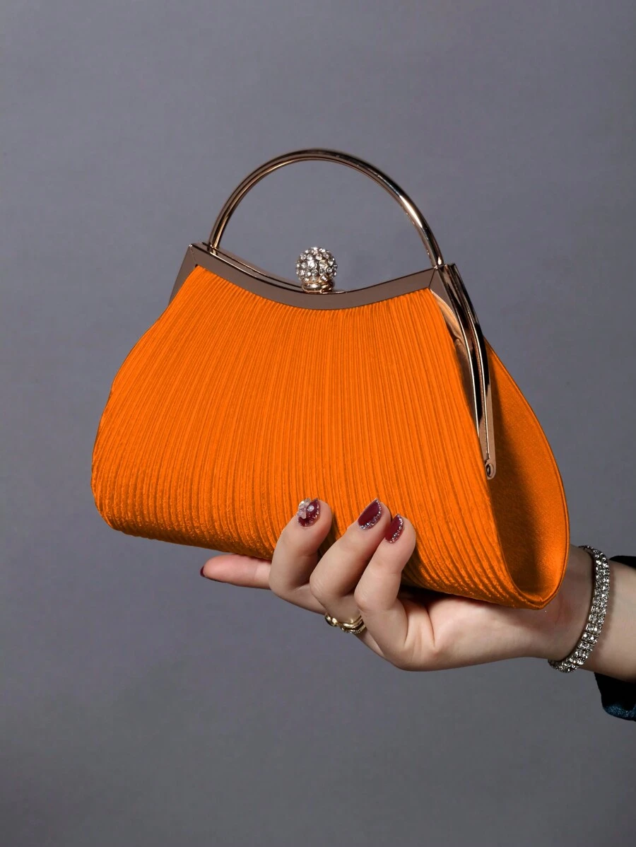 Glitter Bling,Shiny Glamorous,Elegant,Exquisite 1pc Rhinestone Decorated Fashion Metallic Evening Clutch Bag, Suitable For Women's Parties, Weddings, Banquets Dinner Bag,Evening Bag For Party Girl,Woman,For Female Perfect For Party,Wedding,Prom,Dinner/Banquet,For Best Gift For Women - Orange - View 1