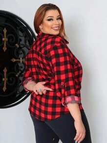 Plus Size Viscose Plaid Shirt. - 紅色 - 查看 2