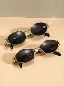 2pcs Fashion Metal Oval Frames Glasses Sets, PC Lenses, Suitable For Hiking And Outdoor Activities For Summer Beach Vacation,Outdoor,Travel