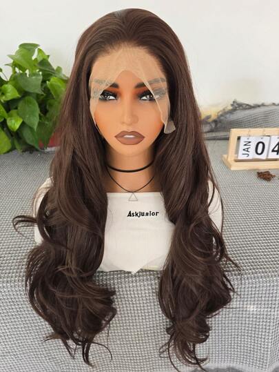 websterwigs Peluca de encaje frontal sintética de 24 pulgadas de largo con cabello ondulado, color marrón, con línea del cabello previamente recortada, fibra resistente al calor, lisa y recta, para uso diario, cosplay y fiestas de mujeres