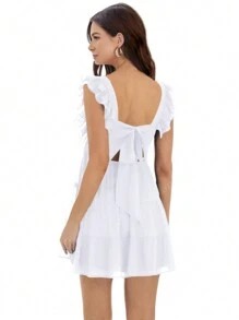 Square Neck Pleated Ruffles Mini Dress Women Summer Cute Frill Sleeveless Sexy Backless Lace Up Dresses