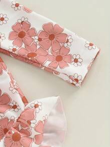Baby Girls Swimsuit Long Sleeve Flower Print Zipped Bikini With Hat Newborn Swimwear Summer Bathing Suit - Pink - View 6