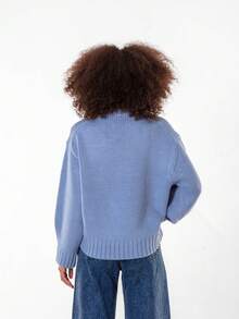 Women Crew Neck Long Sleeve Thick Sweater, Winter - Blue - View 4