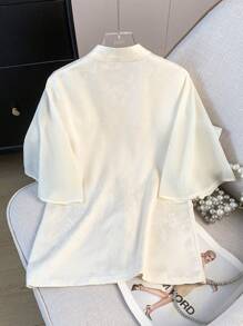 Hanfu informal de estilo chino elegante de primavera con cuello de mandarín de satén albaricoque, mangas cortas, tejido jacquard semitransparente para uso diario