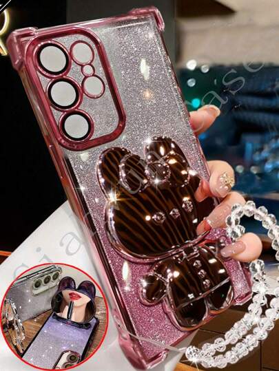 1PC新款手机16四角防摔壳+闪粉纸珍珠挂绳闪粉兔化妆镜磁力支架一体手机壳适用于Galaxy Phone 16/15/14/13/12/11 Pro/Pro Max三星S25/S25Plus/S25Ultra XM HW RM Oppo防摔镜头全覆盖手机壳精致时尚网红小众女神高端手机壳防水防震防刮