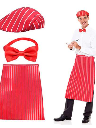 Adult Carnival Waiter Costume Accessory Outfits Stripe Apron Hat + Bowtie Circus Set